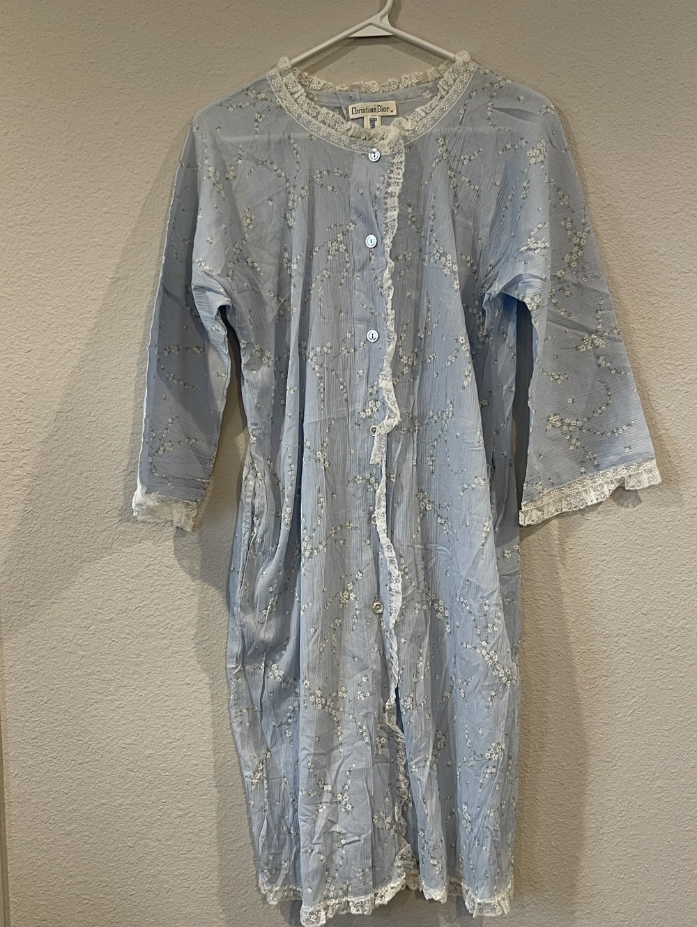 Christian Dior Vintage 1980s Union Made USA Blue Lace Trim Floral Night Gown Med